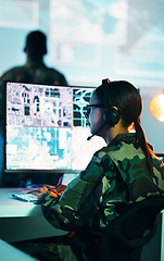 Image showing Military control room, computer screen and woman in surveillance, headset and tech for communication. Security, global digital map and soldier at monitor in army office at government command center.