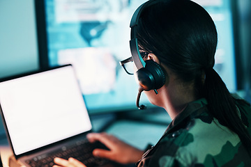 Image showing Military command center, computer screen and woman in mockup, headset and tech communication from back. Security, surveillance and soldier with blank monitor in army office at government control room