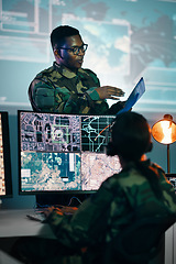 Image showing Military control room, computer and woman with team leader, headset and tech in communication. Security, surveillance management and soldier with black man in army office at government command center