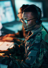 Image showing Military, call center and man on computer in office, data center and monitor for technical support, cybersecurity or surveillance. Army, officer and work in tech, security or government communication