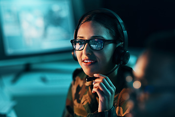 Image showing Call center, woman and face with microphone and glasses for information technology, big data or intelligence agency. Person, cyber security and smile for communication, analysis and support to army