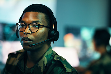 Image showing Call center, man and face with microphone and glasses for information technology, big data or intelligence agency. Cyber security, person and focus for communication, analysis and support to army