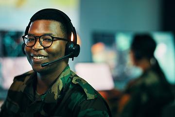 Image showing Portrait, call center and face of man with microphone and glasses for information technology, data or intelligence agency. Cyber security, person and smile for communication, analysis and support