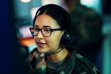 Image showing Woman, call center and face with microphone and glasses for information technology, big data or intelligence agency. Cyber security, person and smile for communication, analysis and support to army