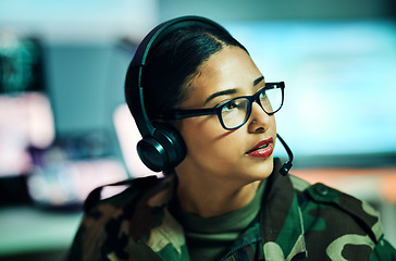 Image showing Call center, woman and face with microphone and glasses for information technology, big data or intelligence agency. Cyber security, person and focus for communication, analysis and support to army