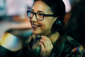 Image showing Information technology, call center and woman with hand on microphone and glasses for big data or intelligence agency. Cyber security, person and smile face for communication, analysis and support