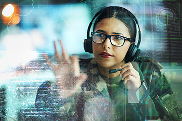 Image showing Military, communication and double exposure with a woman user online for location or tactical strategy. Map, dashboard or interface with a young army person talking to a soldier on a secure headset