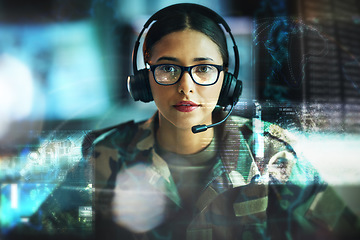 Image showing Portrait, military communication and double exposure with a woman user online for location or tactical strategy. Map, dashboard or interface with a young army person talking to a soldier on a headset