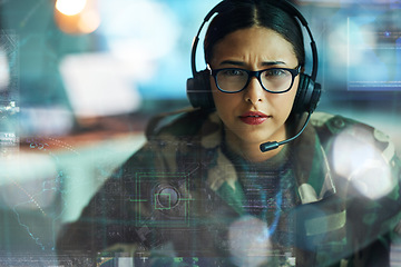 Image showing Portrait, army communication and double exposure with a woman user online for location or tactical strategy. Map, dashboard or interface with a young military person talking to a soldier on a headset