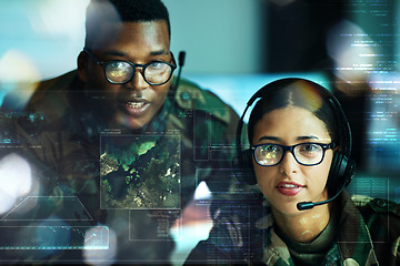 Image showing Army, communication and double exposure with a user team online for location or tactical strategy. Map, dashboard or interface with a young military people talking to a soldier on a secure headset