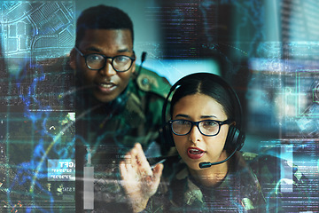 Image showing Military, communication and double exposure with a user team online for location or tactical strategy. Map, dashboard or interface with a young army people talking to a soldier on a secure headset