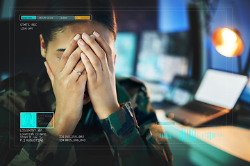 Image showing Tired, night and a woman with a profile in the military while sleeping in a data center. Fatigue, war and a female soldier or army veteran with depression while in a control room for surveillance