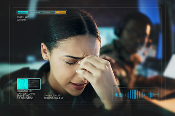 Image showing Face, stress and a military woman on camera in a control room to monitor vital signs of a soldier. Headache, fail or error with a young army person feeling the pressure of war strategy and loss