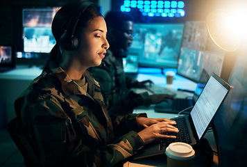 Image showing Army command center, laptop and woman in headset, global surveillance and tech communication. Security, intelligence and soldier at computer in military office at government cyber data control room.
