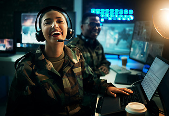 Image showing Army control room, computer and woman in smile, headset and tech communication. Security, global surveillance and portrait of soldier laughing at desk in military office at government command center.