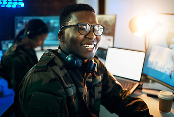 Image showing Military control room, computer and soldier in portrait, headset and tech for communication. Security, global surveillance and black man with blank monitor in army office at government command center