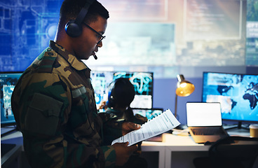 Image showing Control room, military documents and people on computer for surveillance, tracking operation and national security. Army, government report and soldiers for cybersecurity, communication and network