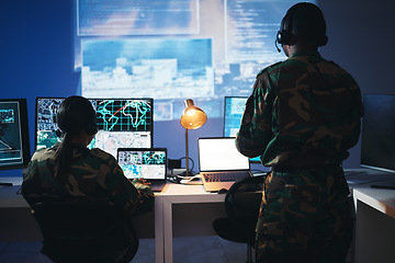 Image showing Control room, military and people on computer for surveillance, tracking operation and national security. Army, government and soldiers online for cybersecurity, communication network and monitoring
