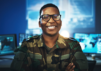 Image showing Military, surveillance and happy portrait of man with arms crossed in cybersecurity, control room and government mission. Army, employee and face in smile with pride, confidence and working in tech