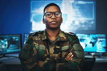 Image showing Military, surveillance and portrait of man with arms crossed in security, control room and monitor government, operation or mission. Army, employee and face with pride, confidence and working in tech