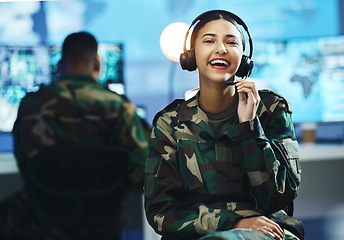 Image showing Portrait, headset and a woman in a military control room for strategy as a soldier in uniform during war or battle. Face, smile and young army person in an office for support, surveillance or service