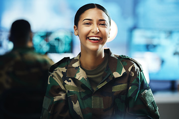 Image showing Portrait, smile and a woman in a military control room for strategy as a soldier in uniform during war or battle. Face, happy and a young army person in an office for support, surveillance or service