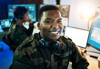 Image showing Military control room, surveillance and portrait of man with smile, headset and tech for communication. Security, computer and soldier with blank monitor in army office at government command center.