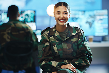 Image showing Portrait, smile and a woman in an army control room for strategy as a soldier in uniform during war or battle. Face, happy and young military person in an office for support, surveillance or service