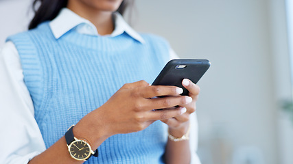 Image showing Business woman, hands or typing on cellphone for contact to social network app, mobile internet and search website. Closeup, employee and download digital media, chat and notification on smartphone
