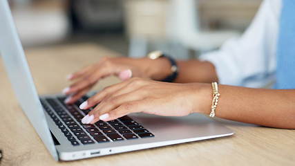 Image showing Hands of woman in office with laptop, typing email or online report on business feedback on website at desk. Networking, communication and technology, businesswoman with computer on internet research