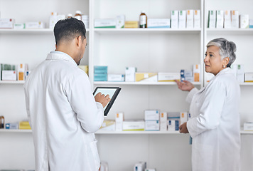 Image showing Pharmacy team, tablet and people collaboration on retail product, package shelf or medical inventory. Communication, inspection and pharmacist check pharmaceutical supplements, medicine or stock