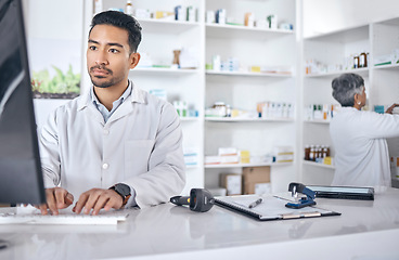 Image showing Pharmacist, computer and man typing, inventory and connection with network, website information and wellness. Person, staff and employee with a pc, online reading and search internet with telehealth
