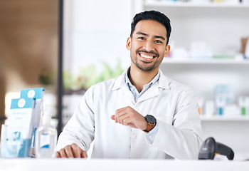 Image showing Man, pharmacy and shop portrait with happy and smile of pharmacist ready for healthcare support and work. Clinic, doctor and male professional with confidence and medicine for medical job at desk