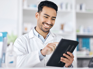 Image showing Man in pharmacy with tablet, checklist and smile for medicine with online website info. Pharmacist, digital app and inventory research with check for pharmaceutical drugs, tech or healthcare stock.