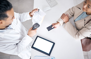 Image showing Pharmacy, POS and woman with credit card for healthcare, medical and clinic worker payment. Customer, prescription and top view with pharmacist and blank tablet with mockup space and transaction