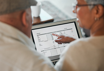 Image showing Senior couple, tablet and home budget, financial planning and online report of loan payment or numbers. Elderly people hands on digital screen for debt, bills and balance or asset management at home