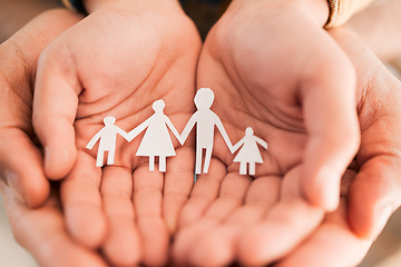 Image showing Paper cutout, family and hands of people together for security, adoption or foster care. Zoom of parents and children figure in palm for love, art or support for health insurance, charity or wellness