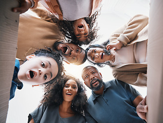 Image showing Family, open box and surprise from below in portrait, circle or excited for present, gift or parcel delivery together in home. Shocked, wow or group with parents, children and grandparents or package