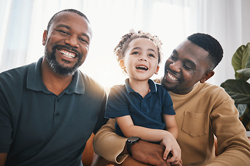 Image showing Happy family, portrait and child in home with grandfather and dad in living room with love, care and support on sofa. Generations, parents and boy smile together on couch in house with father