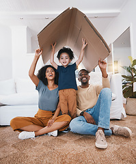 Image showing Family, roof and insurance, support and protection at home with parents, child and happy in portrait. People in living room, shelter and care with safety and love, real estate or property with box