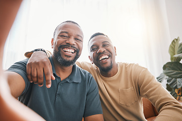 Image showing Happy black man, friends and selfie in photography, bonding or friendship together on sofa at home. Portrait of African male person smile for picture, photo or memory in social media or vlog in house