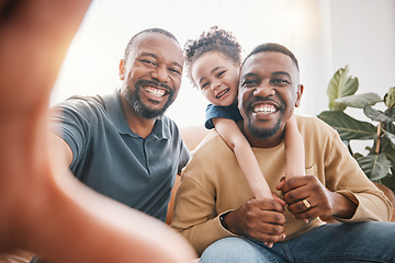 Image showing African father, son and generations with selfie, portrait and smile with young kid, care and memory in living room. Senior black man, dad and boy with memory, post or profile picture on social media