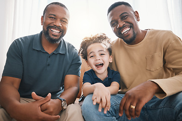 Image showing Happy, black family and portrait with child, grandfather and dad in home, living room and happiness on sofa with love. Grandparent, father or boy smile together on couch in apartment lounge or house