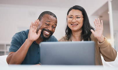 Image showing Laptop video call, communication and happy couple wave hello in virtual networking, contact or lounge chat. Computer, web communication and home man, woman or marriage people on online conference