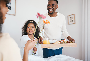 Image showing Mothers day, breakfast and mom in bed with happy family with dad and child together in home with love, care and brunch tray. Surprise, father and girl with food in bedroom for special celebration