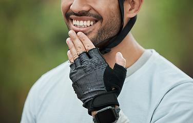 Image showing Smile, nature and a person with a glove for fitness, sports or exercise in a park. Happy, travel and an athlete or man ready to start a workout, training or cardio in summer for outdoor health