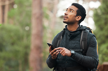 Image showing Phone, connection and man hiking in nature for journey, trekking and exercise in woods. Fitness, travel and person on smartphone with no signal for GPS, online location and digital map on adventure