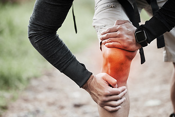 Image showing Knee pain, injury and red inflammation and person hand with fitness, workout and training accident from hike. Runner, leg massage and trekking in the woods on trail with muscle strain and emergency