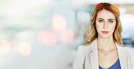 Image showing Serious, business woman and portrait in office mockup for accounting, financial advisor or professional employee in Australia. Confident, accountant or economy expert and entrepreneur in company
