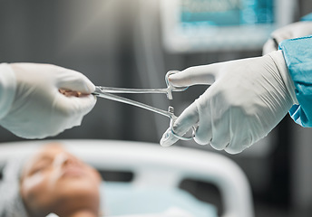 Image showing Support, hands on tools and doctors in surgery with equipment, teamwork and healthcare in hospital. Nurse helping medical surgeon, safety and patient in bed for operation, emergency procedure in ER.